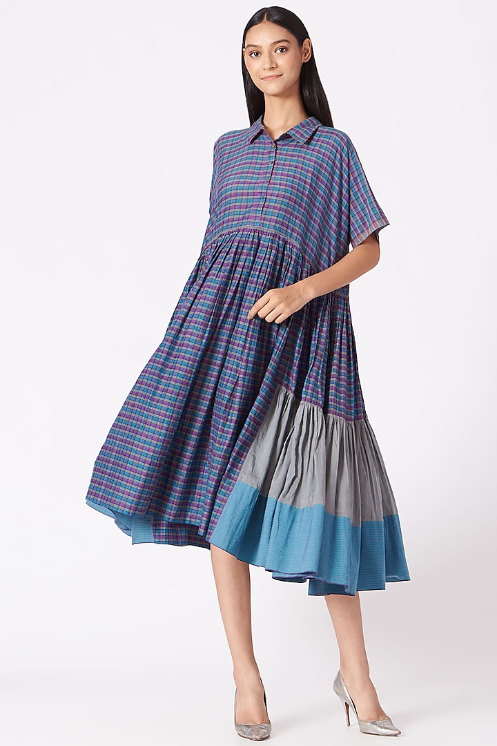 Grey & Blue Checkered Handwoven Party Wear Dress by Pero at Pernia's Pop Up Shop