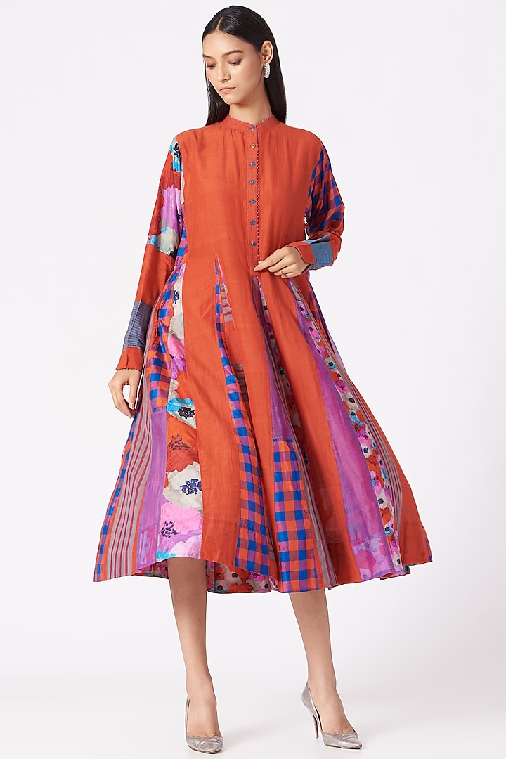 Orange Handwoven Cotton Silk Dress by Pero