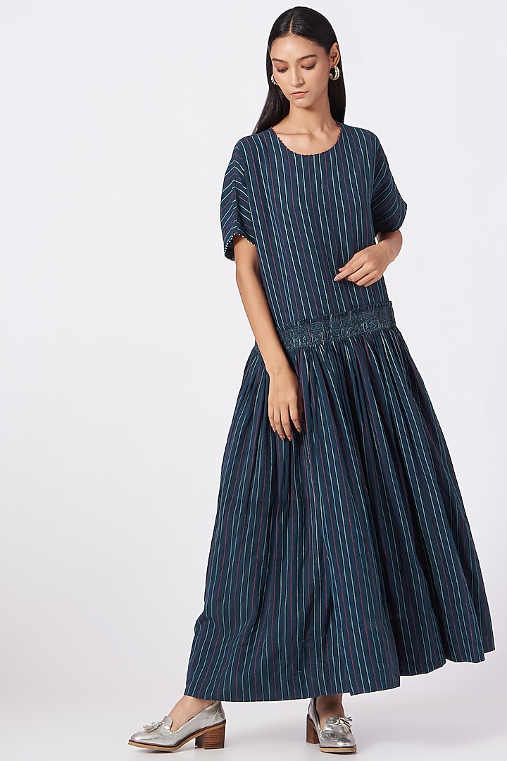 Midnight Blue Handwoven Linen Striped Dress by Pero