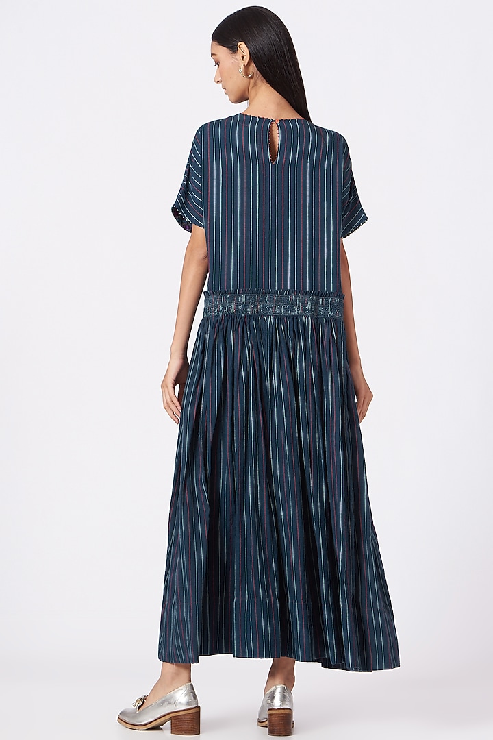 Midnight Blue Handwoven Linen Striped Party Wear Dress by Pero at Pernia's Pop Up Shop