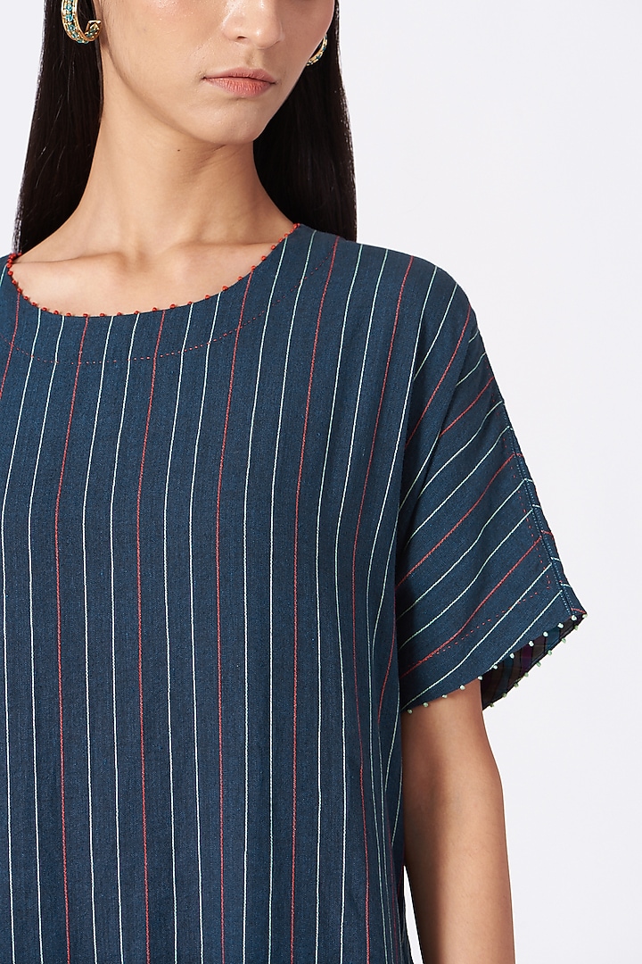 Midnight Blue Handwoven Linen Striped Party Wear Dress by Pero at Pernia's Pop Up Shop