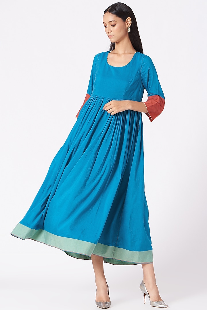 Cobalt Blue Handwoven Cotton Silk Dress by Pero