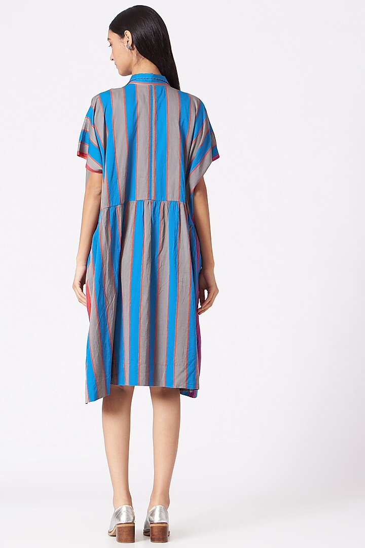 Grey & Blue Handwoven Stripes Party Wear Dress by Pero at Pernia's Pop Up Shop