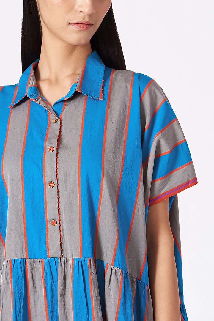 Grey & Blue Handwoven Stripes Party Wear Dress by Pero at Pernia's Pop Up Shop