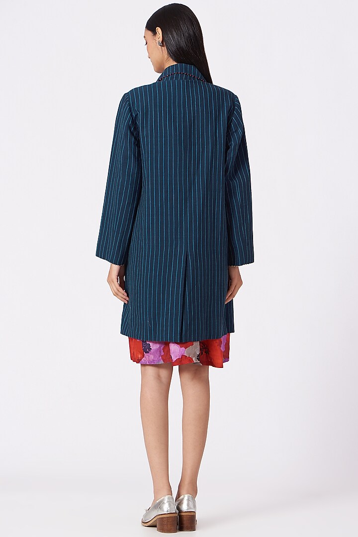 Cobalt Blue Linen Striped Handwoven Jacket by Pero at Pernia's Pop Up Shop