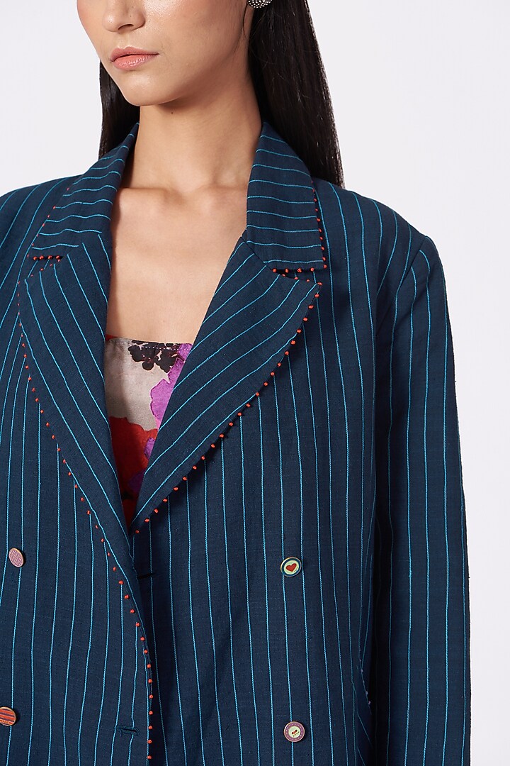 Cobalt Blue Linen Striped Handwoven Jacket by Pero at Pernia's Pop Up Shop