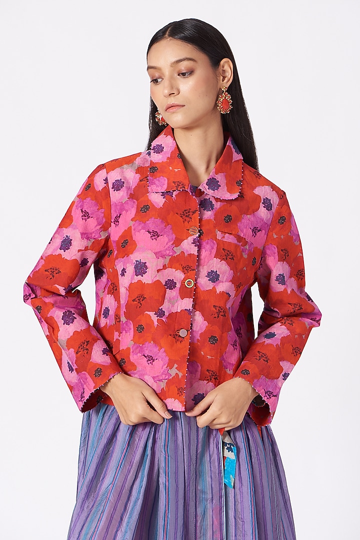 Red Printed Handwoven Jacket by Pero at Pernia's Pop Up Shop