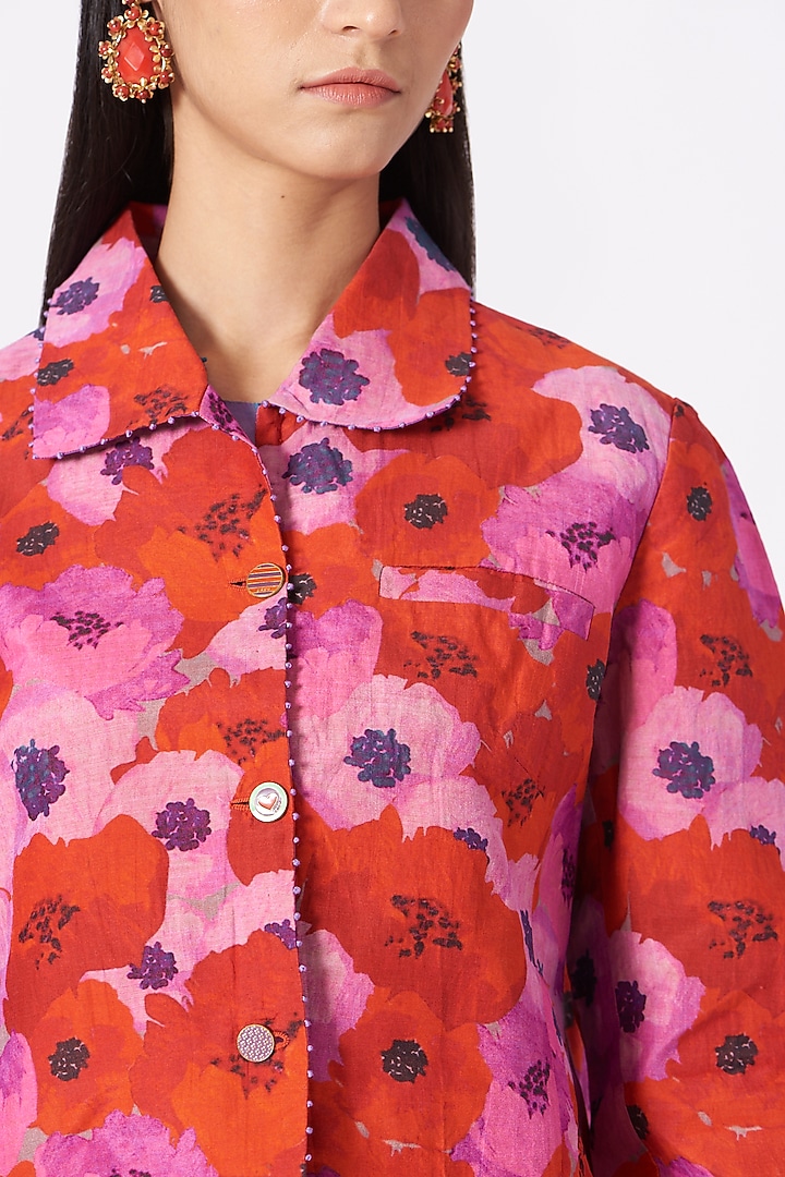 Red Printed Handwoven Jacket by Pero at Pernia's Pop Up Shop