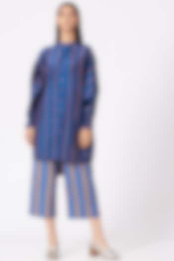 Cobalt Blue Striped Handwoven Long Shirt by Pero