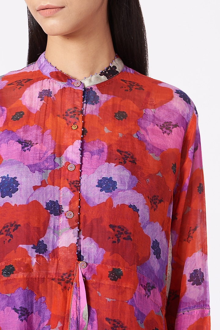 Red Printed Handwoven Long Top by Pero at Pernia's Pop Up Shop