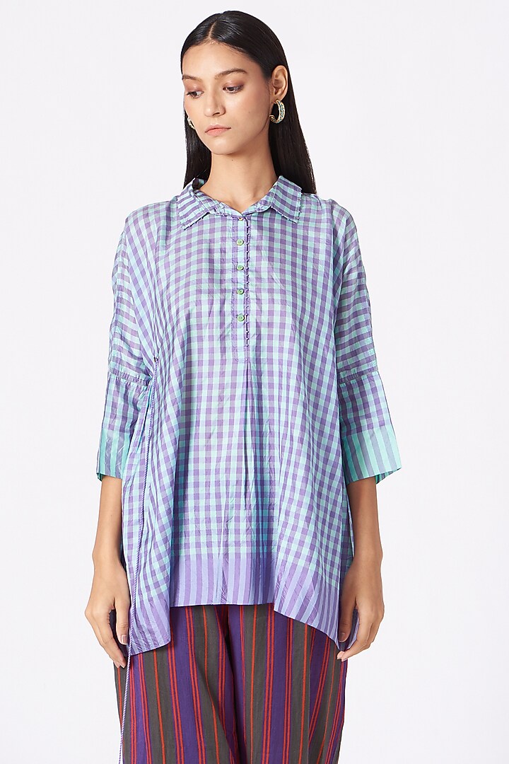 Sky Blue Checkered Handwoven Shirt by Pero at Pernia's Pop Up Shop