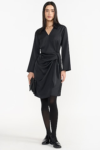 Black Japanese Satin Wrap Dress by PERONA