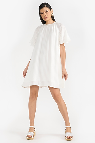 White Viscose & Seersucker A-Line Mini Dress by PERONA