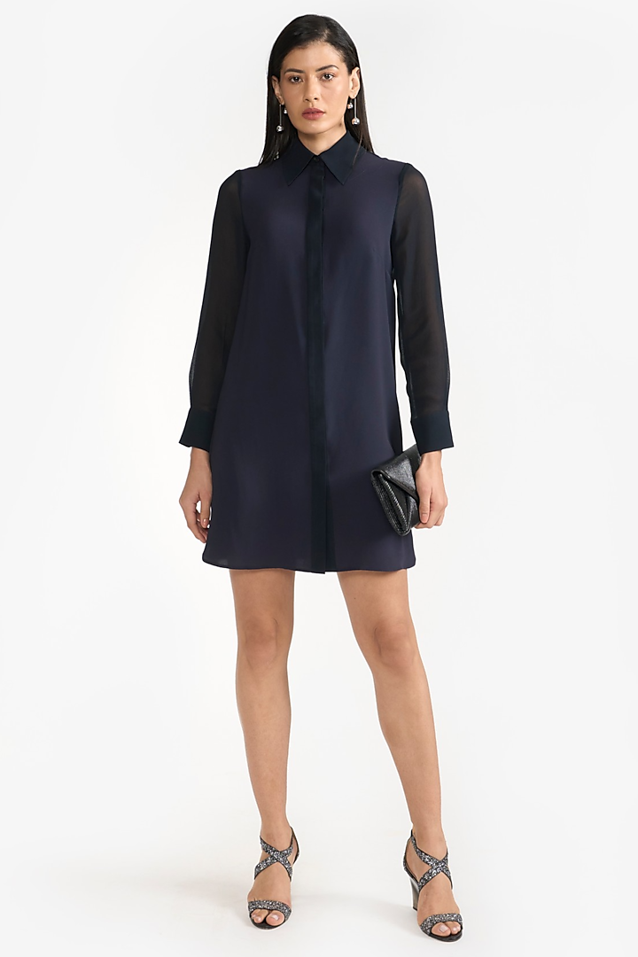 Blue Fluid Crepe Mini Shirt Dress by PERONA at Pernia's Pop Up Shop