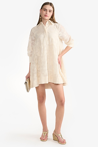 Ivory Cotton & Polyester Mini Shirt Dress by PERONA