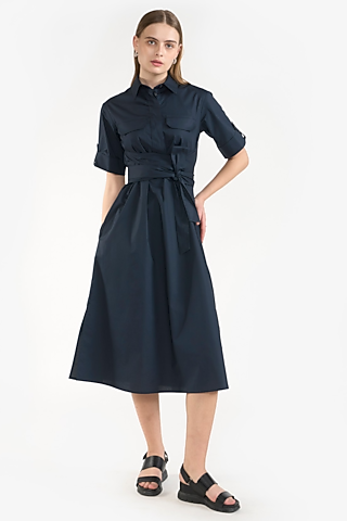 Blue Cotton & Elastane Pleated Shirt Dress by PERONA