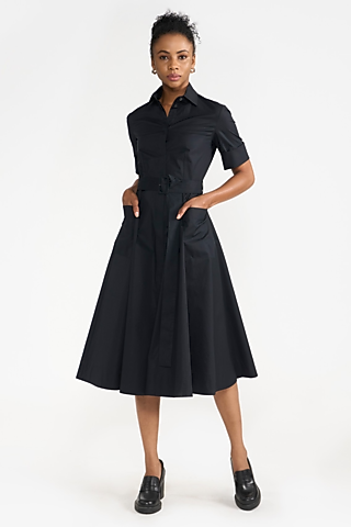 Black Cotton & Elastane Pleated Shirt Dress by PERONA