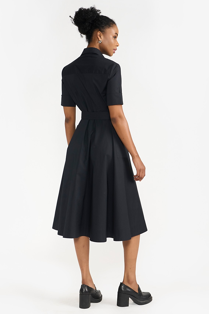 Black Cotton & Elastane Pleated Summer Shirt Dress by PERONA at Pernia's Pop Up Shop