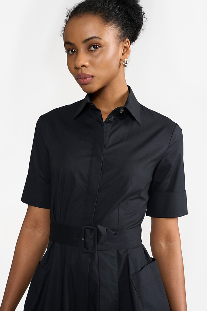 Black Cotton & Elastane Pleated Summer Shirt Dress by PERONA at Pernia's Pop Up Shop