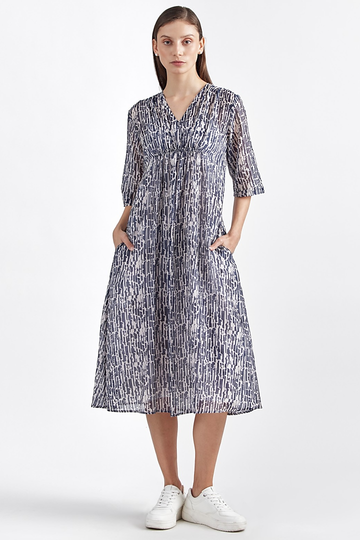 White & Oceanic Blue Cotton Silk Blend Printed Midi Dress by PERONA