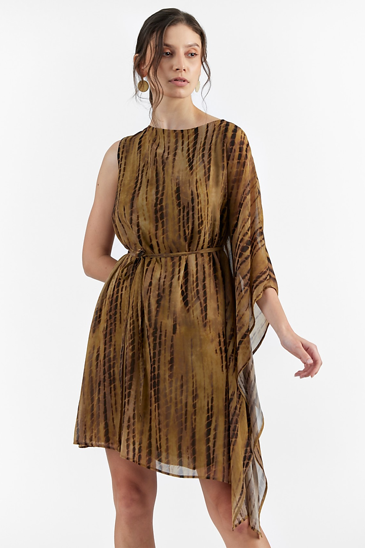Dark Brown Terylene Printed Mini Dress by PERONA