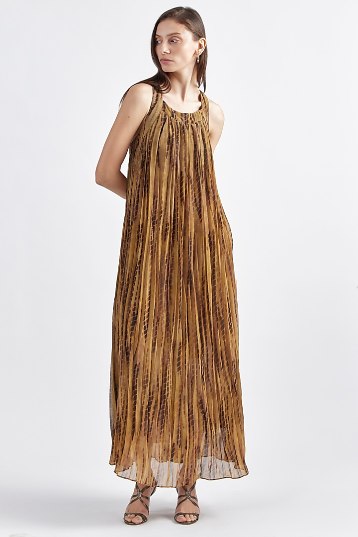 Dark Brown Terylene Printed Maxi Dress by PERONA