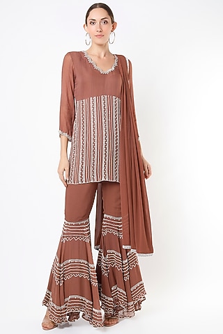 Chocolate Brown Embroidered Sharara Set by Pesha