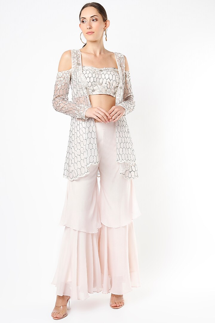 Crystal Pink Gharara Set With Jacket by Pesha