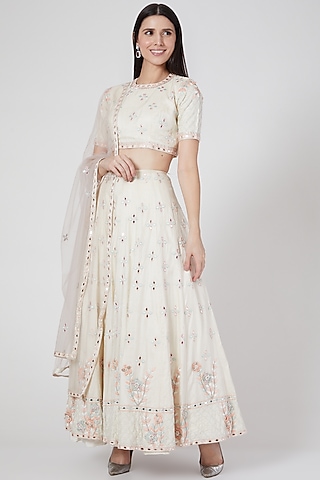  Ivory 3D Floral Embroidered Lehenga Set  by Pesha