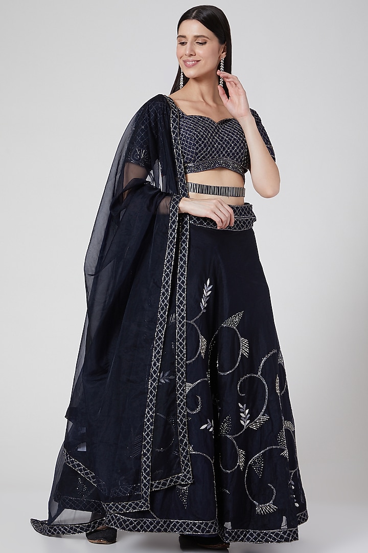  Midnight Blue Embellished Wedding Lehenga Set  by Pesha at Pernia's Pop Up Shop