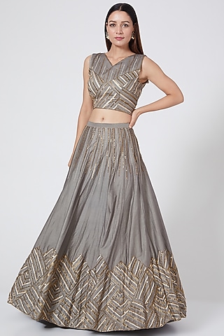  Teal Green Embroidered Lehenga Set  by Pesha
