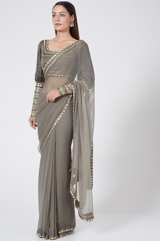  Teal Green Embroidered Saree Set  by Pesha