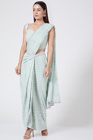 Mint Green Lucknowi Draped Saree Set by Pesha