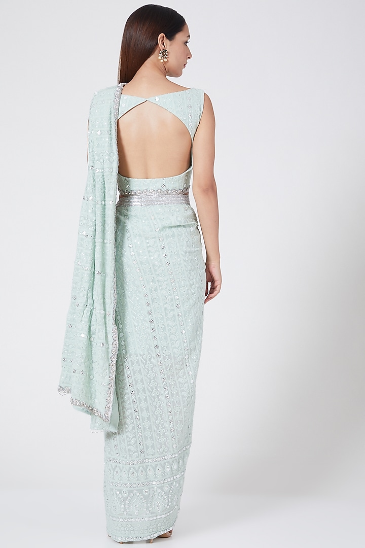 Mint Green Lucknowi Draped Wedding Saree Set by Pesha at Pernia's Pop Up Shop