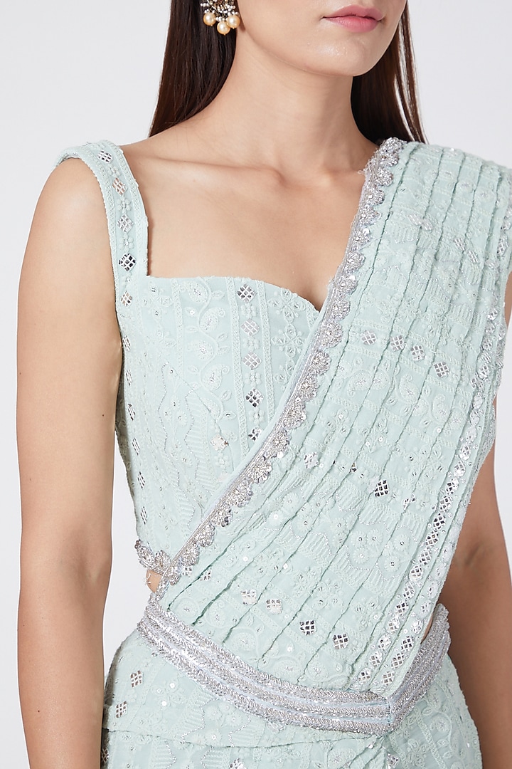 Mint Green Lucknowi Draped Wedding Saree Set by Pesha at Pernia's Pop Up Shop