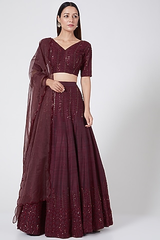  Wine Embroidered Lehenga Set  by Pesha