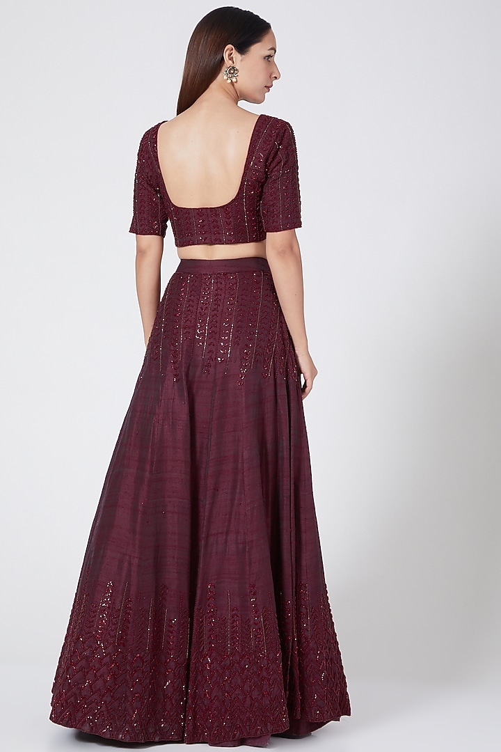 Wine Embroidered Wedding Lehenga Set by Pesha at Pernia's Pop Up Shop
