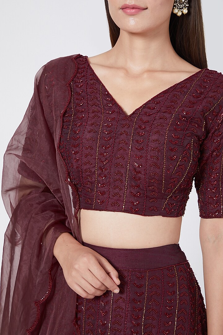 Wine Embroidered Wedding Lehenga Set by Pesha at Pernia's Pop Up Shop