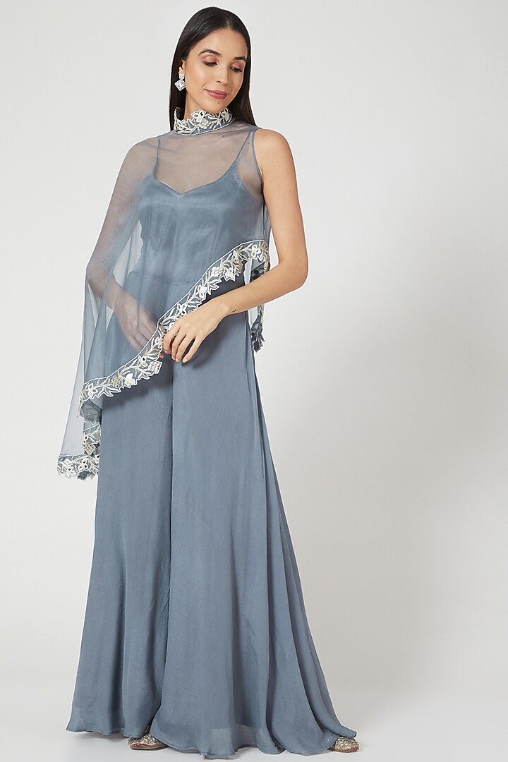 Grey Flared Jumpsuit With Embroidered Cape by Pesha