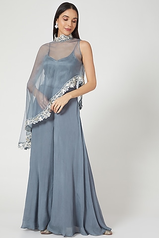 Grey Flared Jumpsuit With Embroidered Cape by Pesha