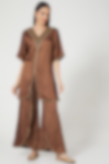 Brown Embroidered Wrap Pant Set by Pesha