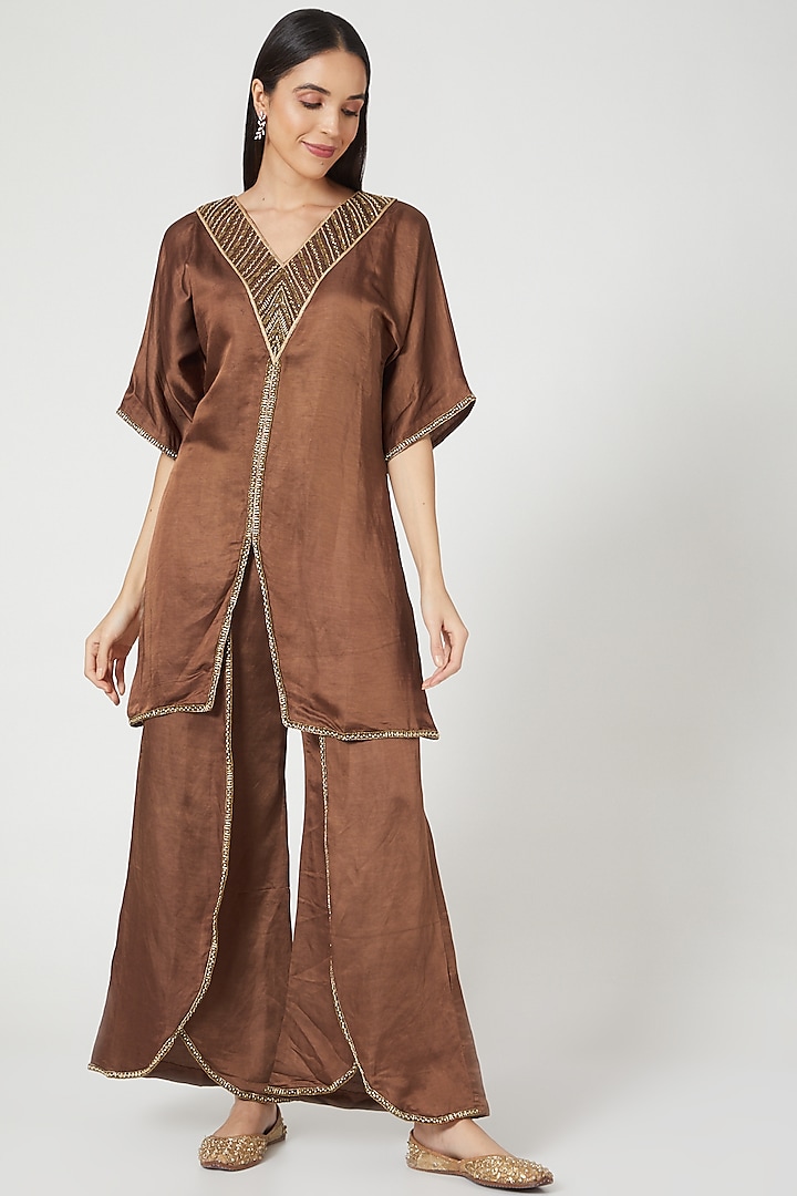 Brown Embroidered Wrap Pant Set by Pesha