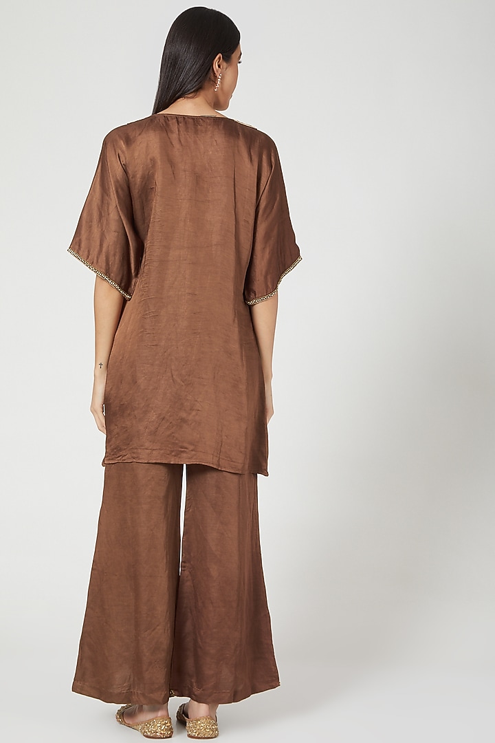 Brown Embroidered Wrap Pant Set by Pesha at Pernia's Pop Up Shop