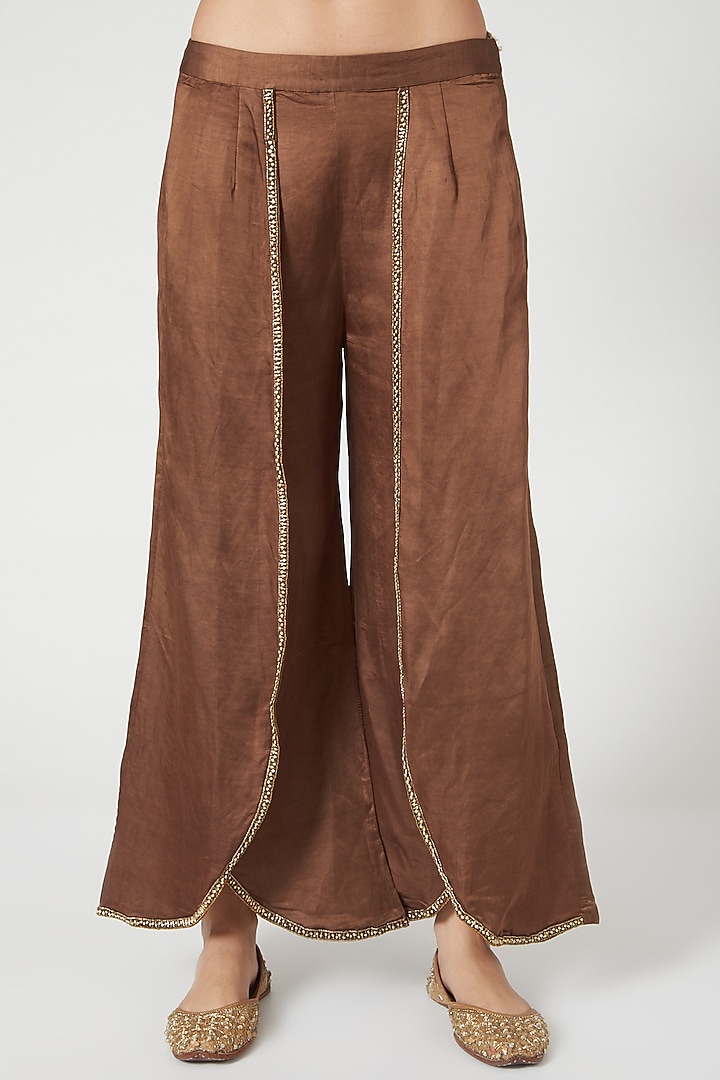 Brown Embroidered Wrap Pant Set by Pesha at Pernia's Pop Up Shop