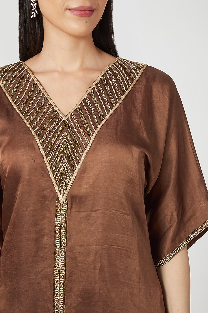 Brown Embroidered Wrap Pant Set by Pesha at Pernia's Pop Up Shop