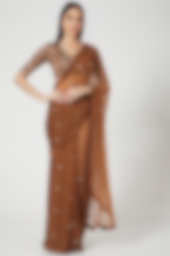 Brown Handcrafted Draped Saree Set by Pesha