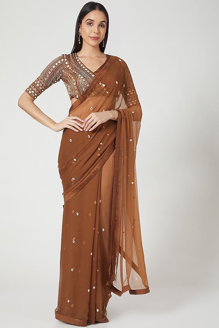 Brown Handcrafted Draped Saree Set by Pesha