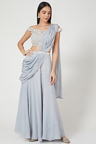 Grey Georgette Embroidered Lehenga Saree Set by Pesha
