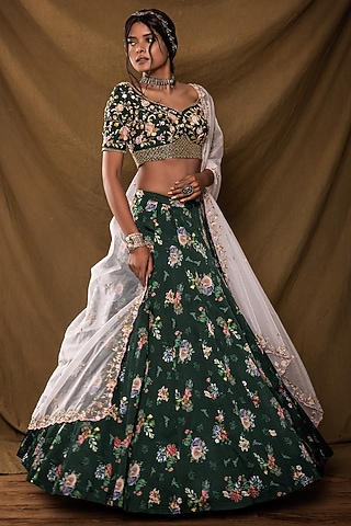 Bright Bottle Green Printed Lehenga Set by Pesha