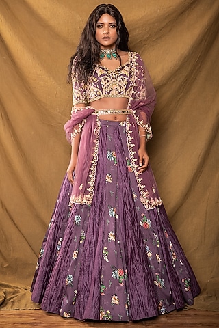Dull Purple Printed Kalidar Lehenga Set by Pesha